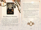 A printed booklet or card page titled 'Six of Autumn Pentacles' with two columns of text, decorative botanical line art, and a beige background with ornamental borders.