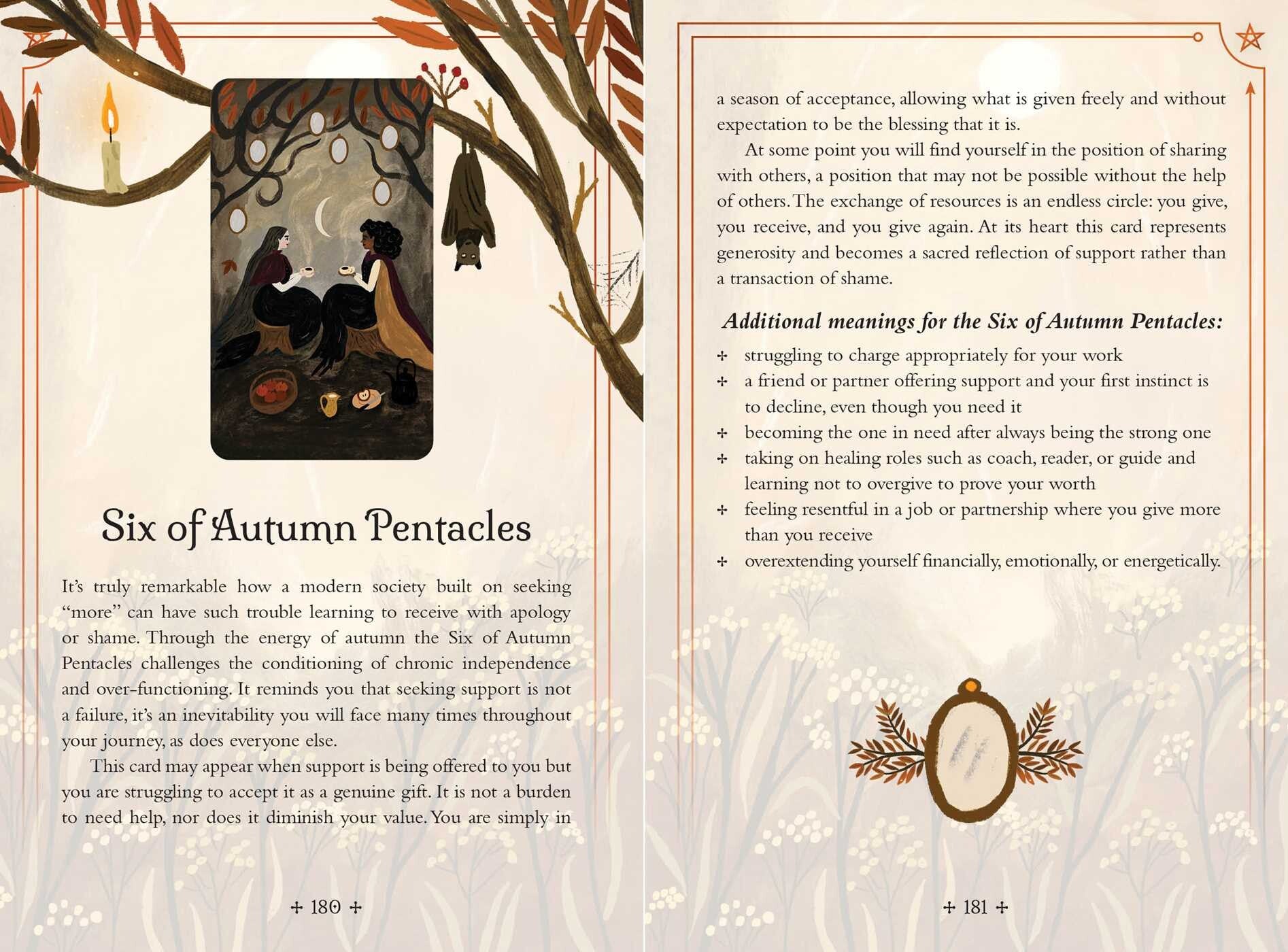A printed booklet or card page titled 'Six of Autumn Pentacles' with two columns of text, decorative botanical line art, and a beige background with ornamental borders.