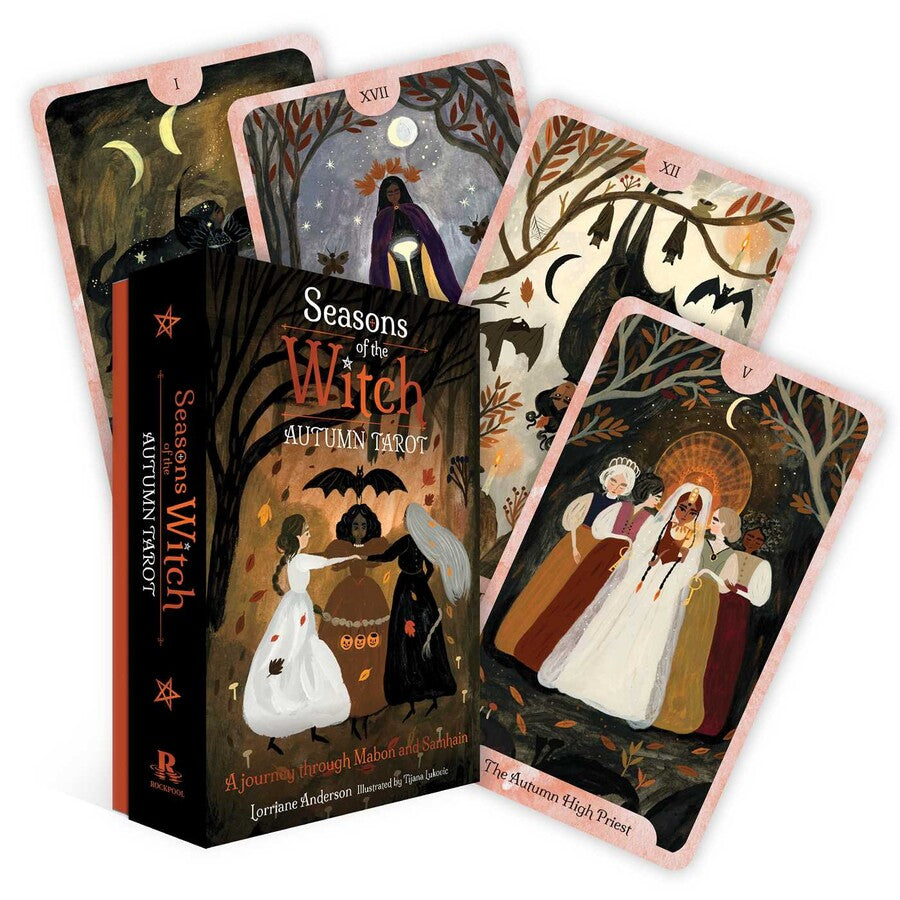 Tarot cards titled 'Seasons of the Witch' with a focus on Autumn, displayed with the tarot book.