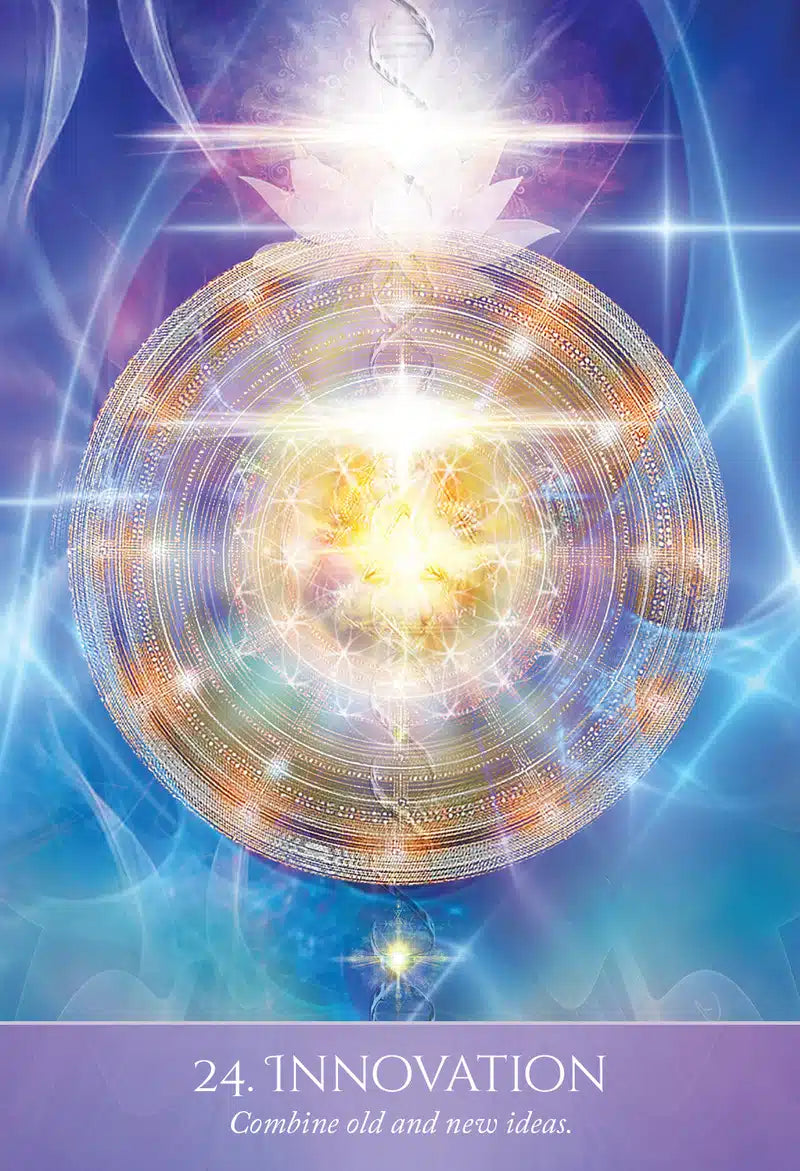 Ethereal design with concentric circles and light effects on a blue and purple gradient background.
