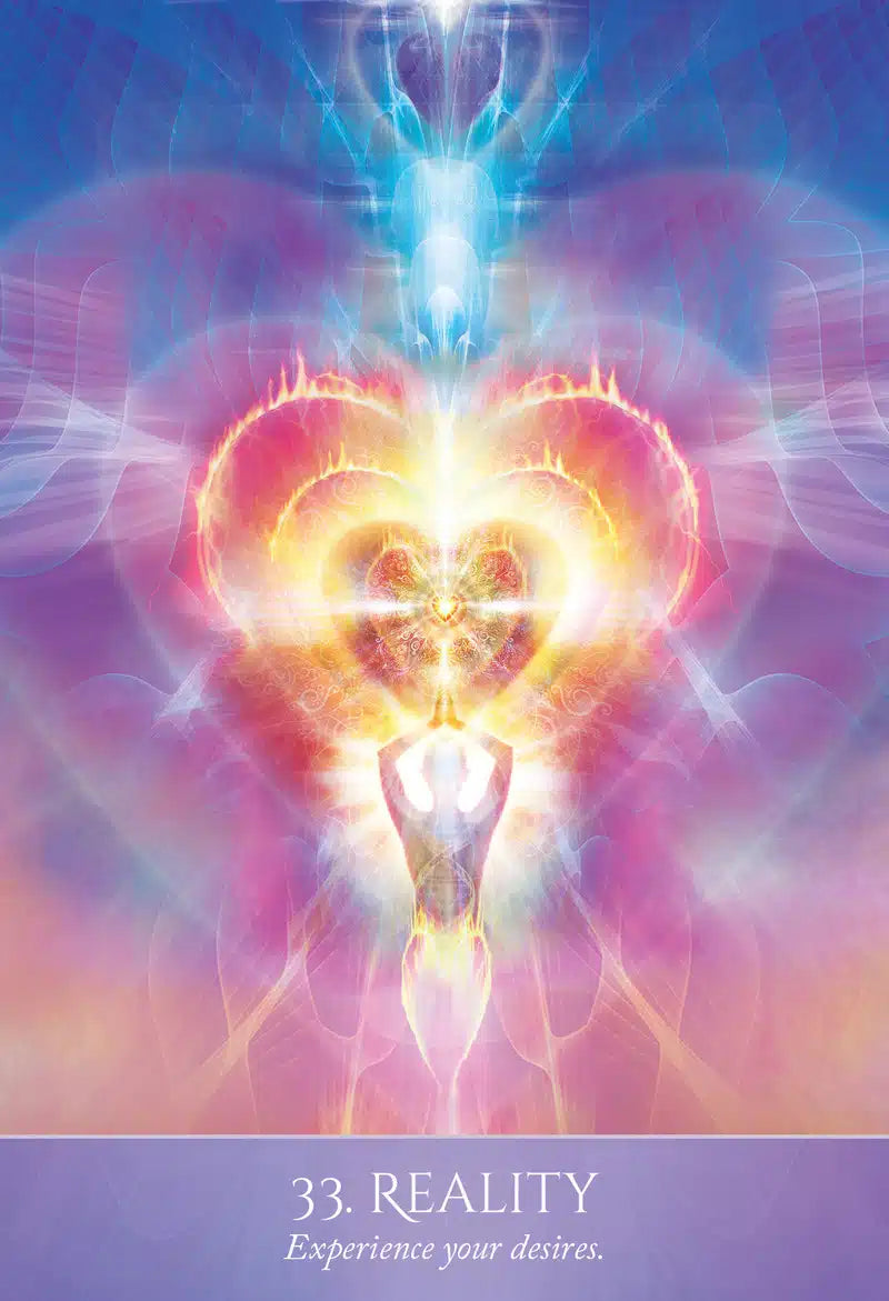 Colorful abstract design with a central figure and text '33. Reality: Experience your desires.'