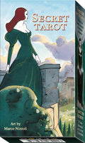 Box of 'Secret Tarot' with illustration of a woman in a green dress on a rooftop.