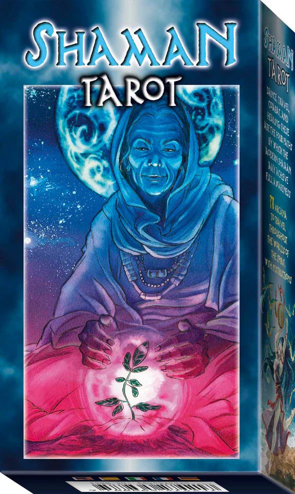 Shaman Tarot card box with an illustration of a person in a hooded robe holding a plant, set against a starry night sky.