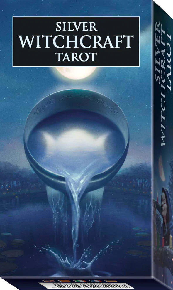 Box of Silver Witchcraft Tarot with a mystical design featuring a moon and water.