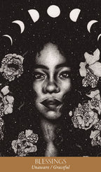 Black and white illustration of a woman's face with floral elements and moon phases on a dark background.