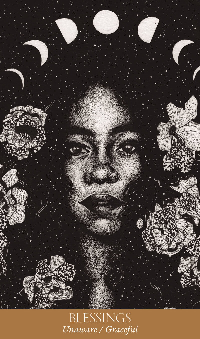 Black and white illustration of a woman's face with floral elements and moon phases on a dark background.