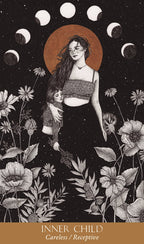 Illustration of a woman holding a child amidst flowers and moon phases on a dark background.