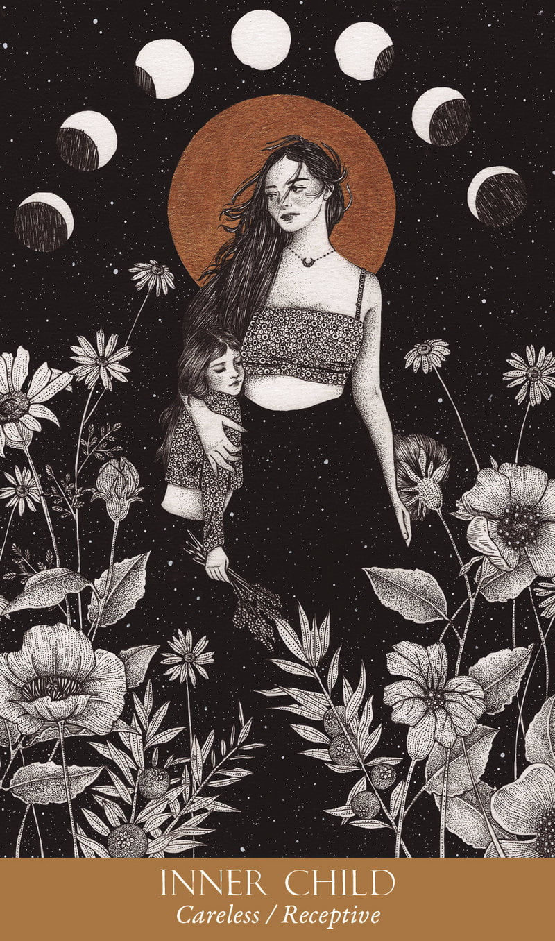 Illustration of a woman holding a child amidst flowers and moon phases on a dark background.