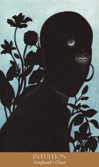 Silhouette of a person with a moon eye surrounded by plants on a blue background