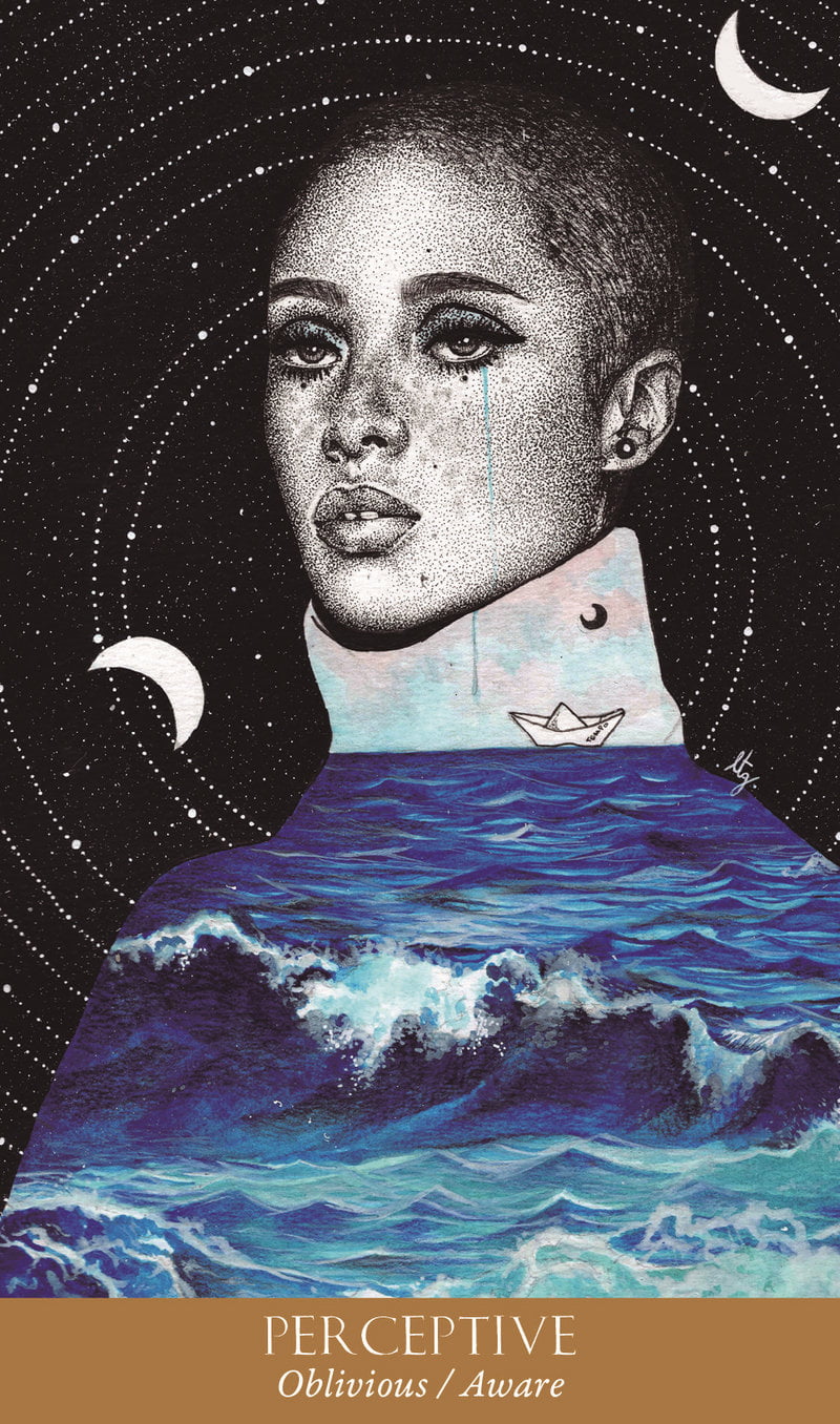 Artistic depiction of a person with a stylized ocean and celestial elements on a dark background.