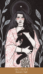 Illustration of a woman holding a black cat with a starry night background
