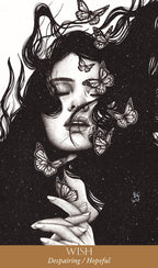 Artistic illustration of a woman's face with butterflies and the word 'Wish' at the bottom.