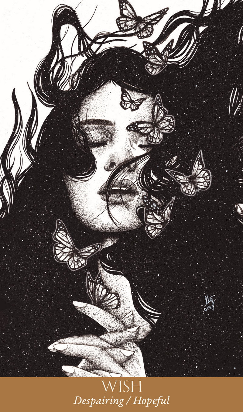 Artistic illustration of a woman's face with butterflies and the word 'Wish' at the bottom.