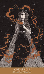 Illustration of a woman in a dark outfit with orange flames against a starry background, featuring the text 'CREATRESS' at the bottom.