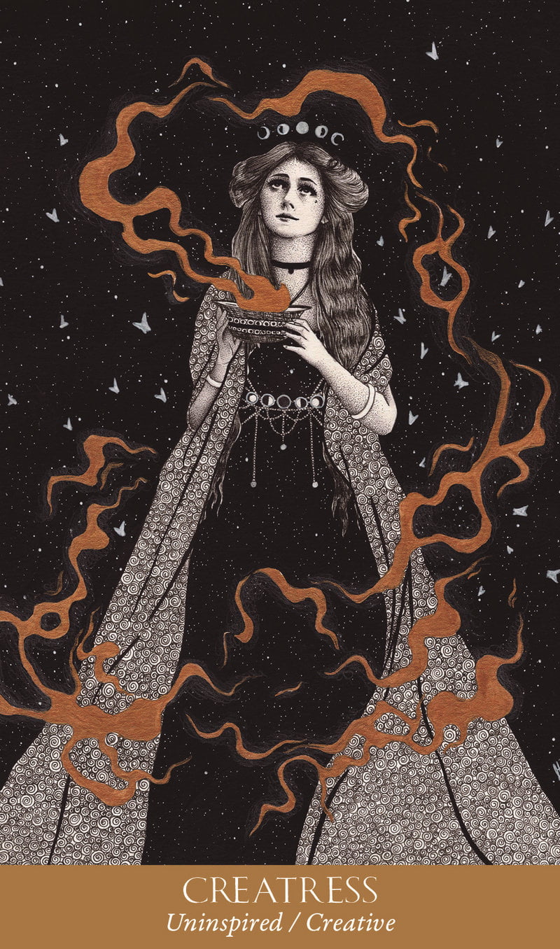 Illustration of a woman in a dark outfit with orange flames against a starry background, featuring the text 'CREATRESS' at the bottom.