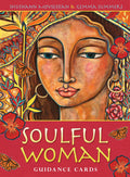 Book cover of 'Soulful Woman Guidance Cards' with a colorful illustration of a woman's face and nature elements.