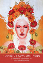 Illustration of a woman with flowers in her hair and motivational text on a red background