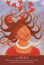 Illustration of a woman with birds on her head against a blue sky, with text '47. Grace' at the bottom.