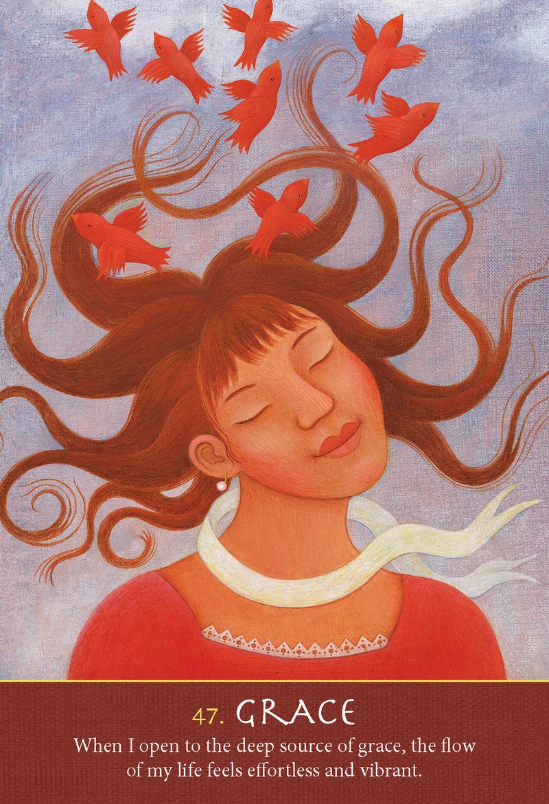 Illustration of a woman with birds on her head against a blue sky, with text '47. Grace' at the bottom.