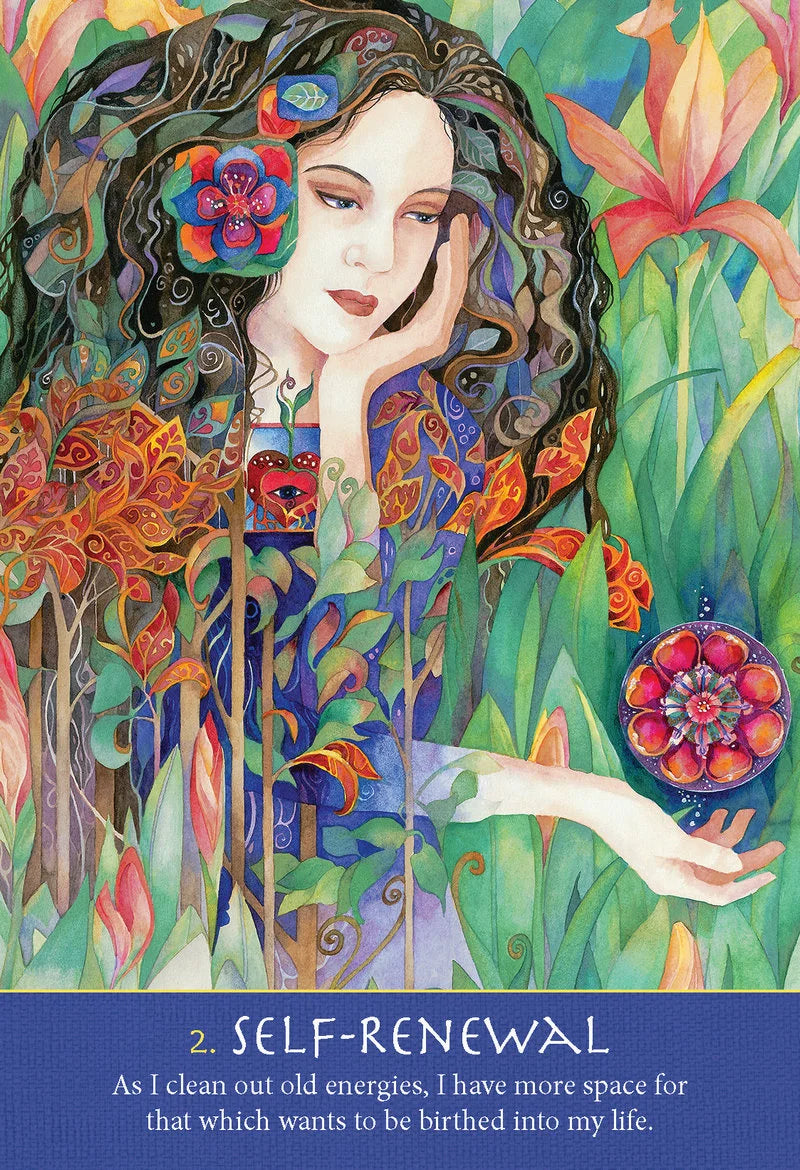 Colorful illustration of a woman with flowers in her hair and a mandala on her hand, surrounded by nature.
