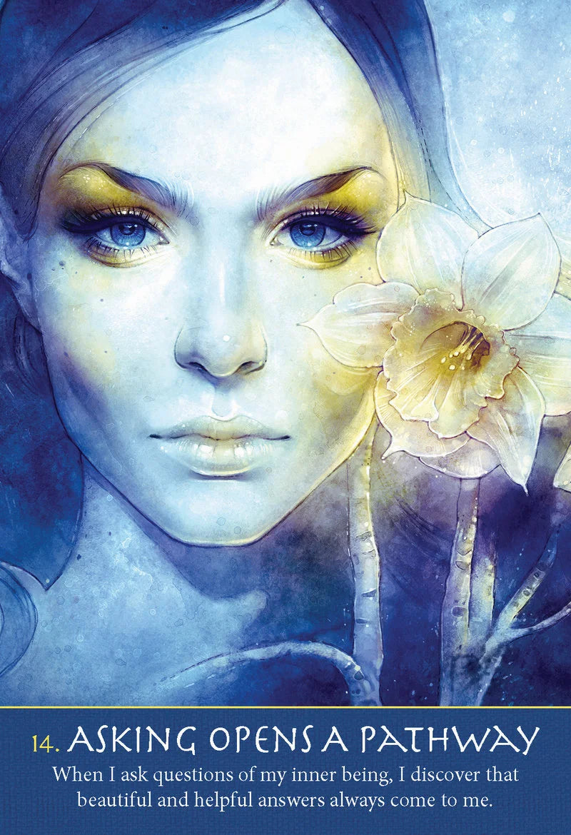 Artistic depiction of a woman with a flower, accompanied by text about asking questions opening pathways.
