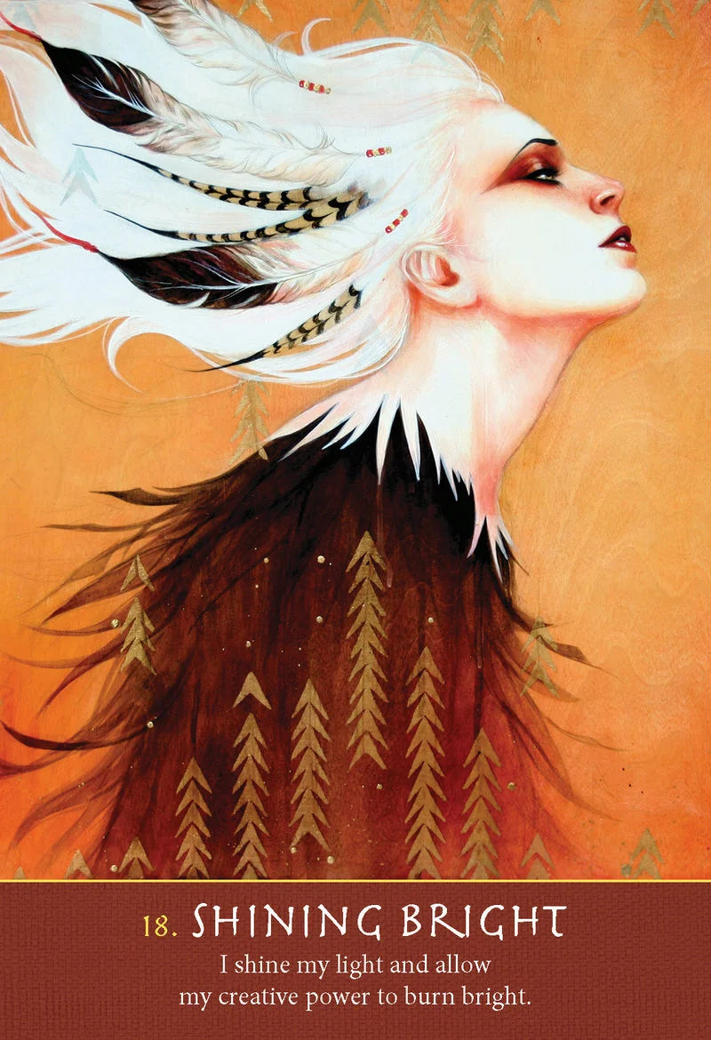 Artistic depiction of a person with white hair and feathered headdress against an orange background, with text '18. Shining Bright' at the bottom.