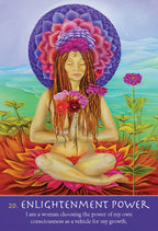 Artistic depiction of a woman with flowers in her hair and body, surrounded by nature, with text about enlightenment power.