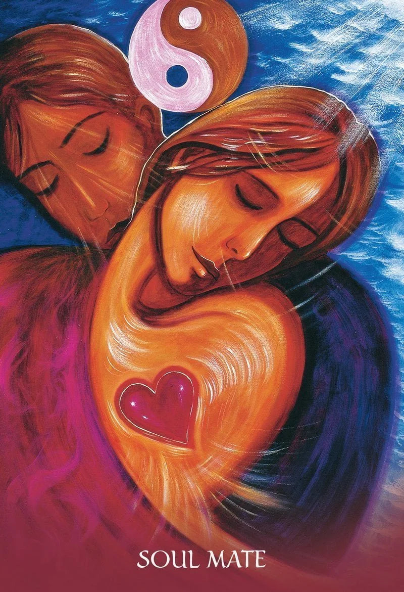 Artistic depiction of two?? faces with a heart and yin yang symbol, titled 'Soul Mate'.