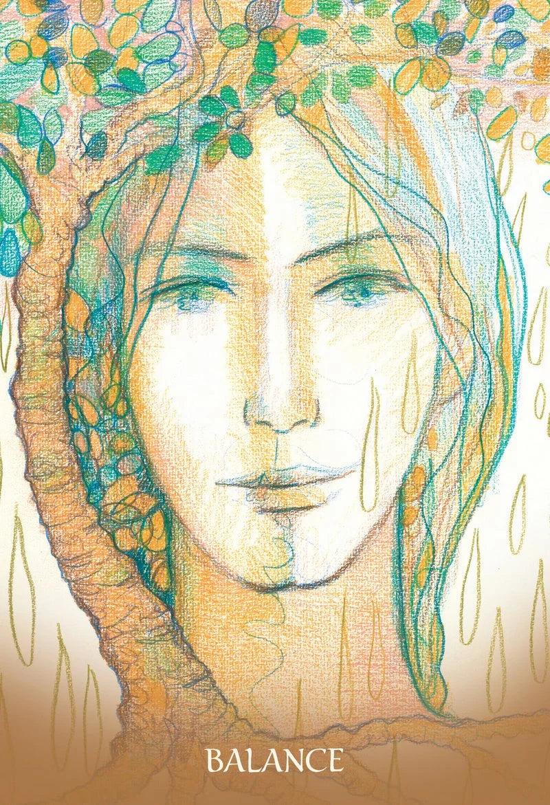 Artistic depiction of a woman's face with nature elements and the word 'Balance' at the bottom.