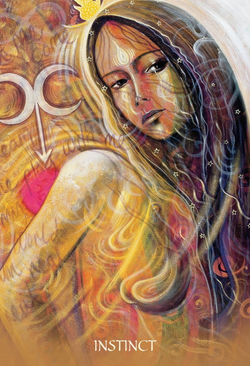 Artistic depiction of a woman with tattoos and 'Instinct' text