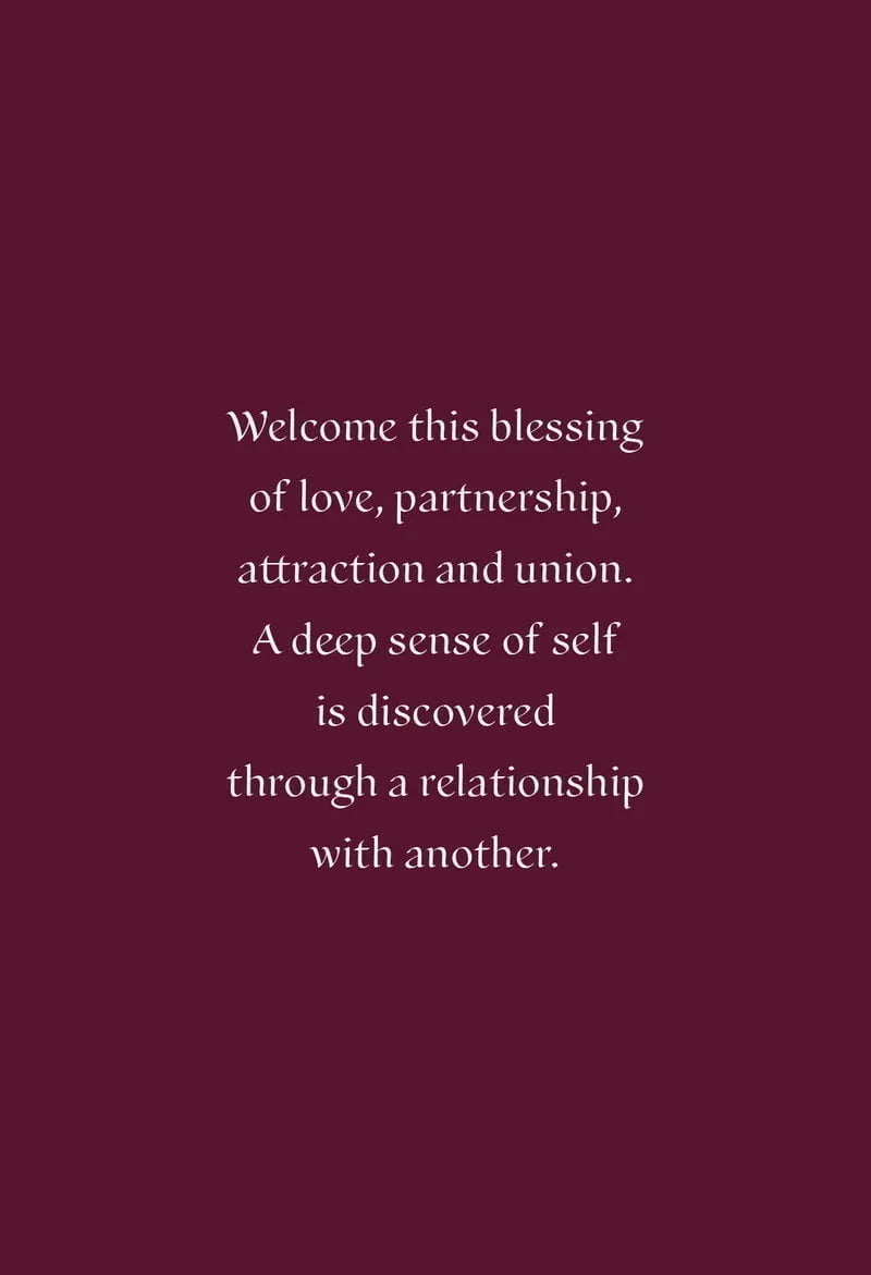 Text on a maroon background about love, partnership, and self-discovery through relationships.