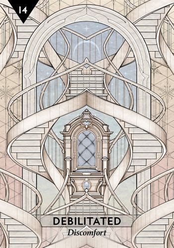 Artistic depiction of a staircase with intricate design elements, labeled 'Debilitated' and 'Discomfort'.