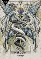 Design featuring two snakes entwined with wings and a central symbol, labeled 'Mercury Messages'.