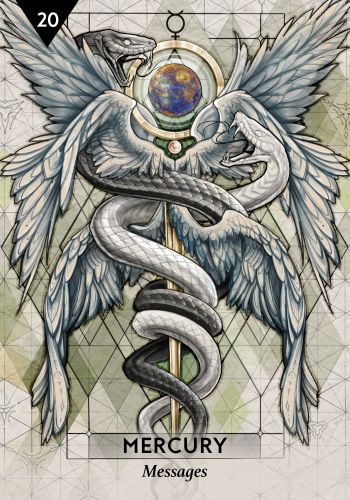 Design featuring two snakes entwined with wings and a central symbol, labeled 'Mercury Messages'.