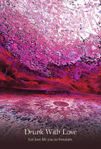 Abstract purple and pink artwork with text 'Drunk With Love' and 'Let love lift you to freedom.'