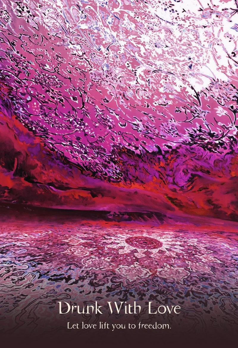 Abstract purple and pink artwork with text 'Drunk With Love' and 'Let love lift you to freedom.'