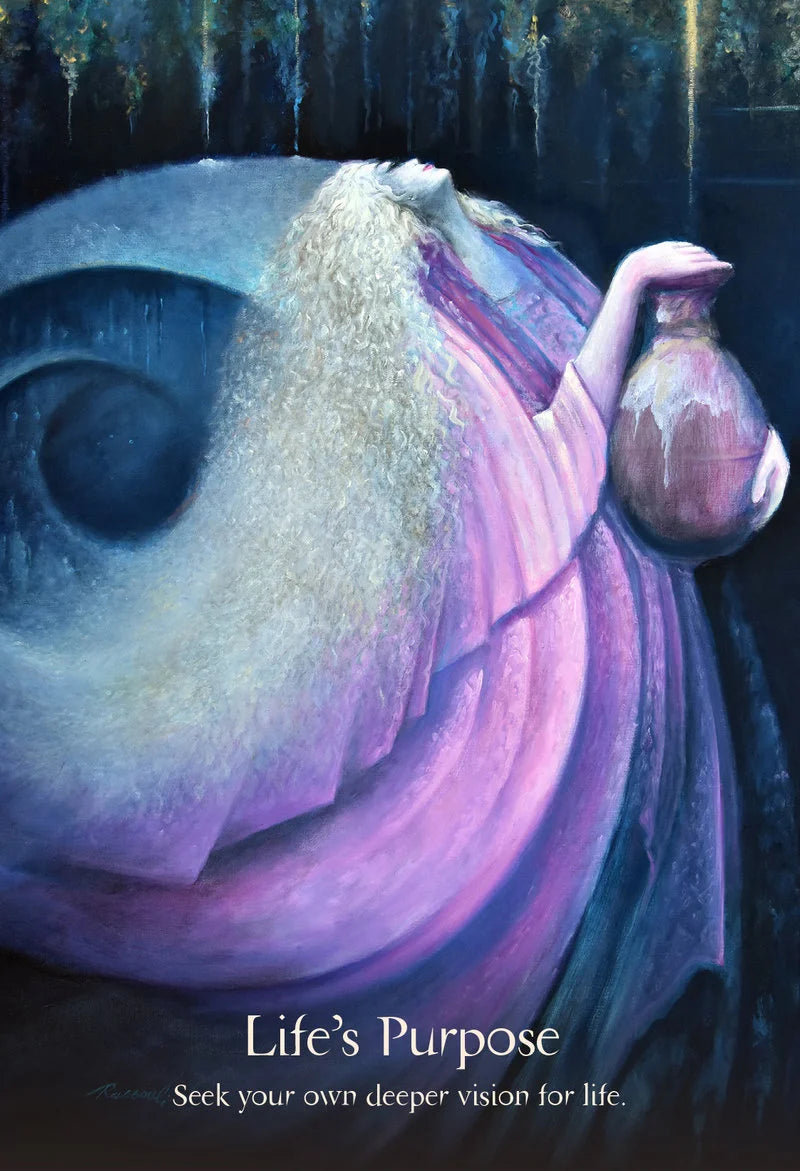 Artistic depiction of a large eye with a hand holding a jar, titled 'Life's Purpose'.