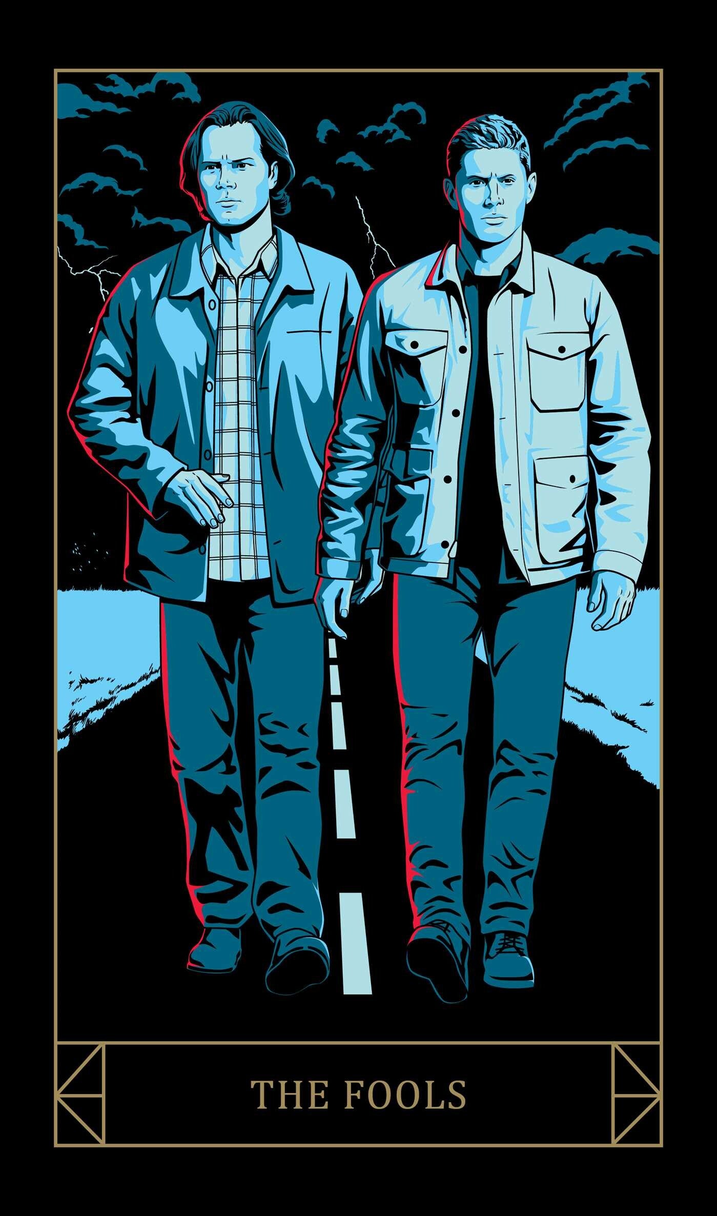 Two men in matching outfits with a tarot card design labeled 'The Fools'.