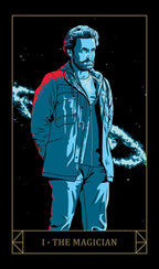 Illustration of a person in a dark jacket with a tarot card design, labeled 'The Magician'.