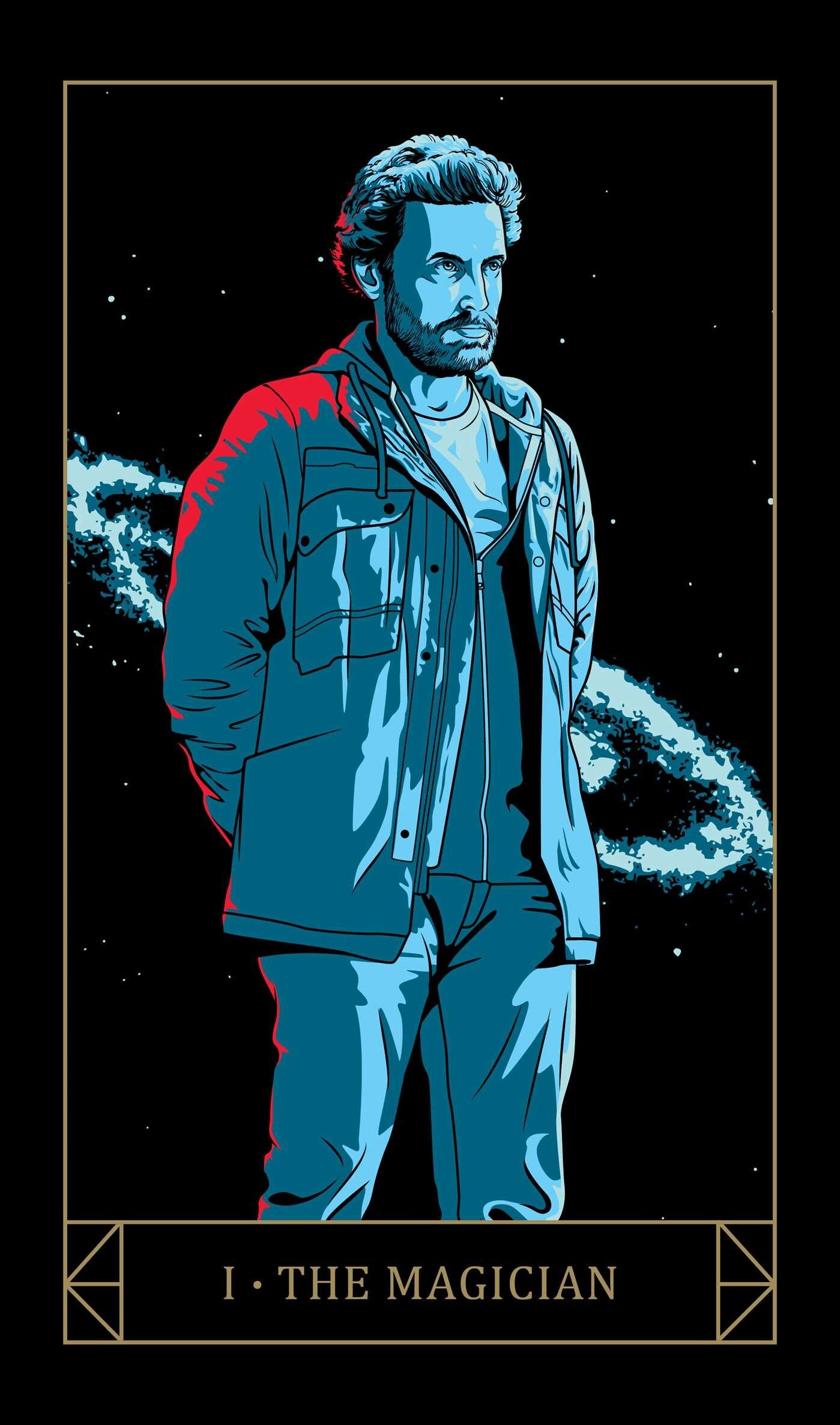 Illustration of a person in a dark jacket with a tarot card design, labeled 'The Magician'.