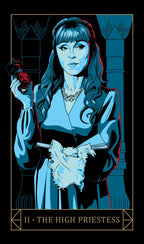 Illustration of 'The High Priestess' from a tarot card, featuring a woman holding a crystal ball and a piece of bread.