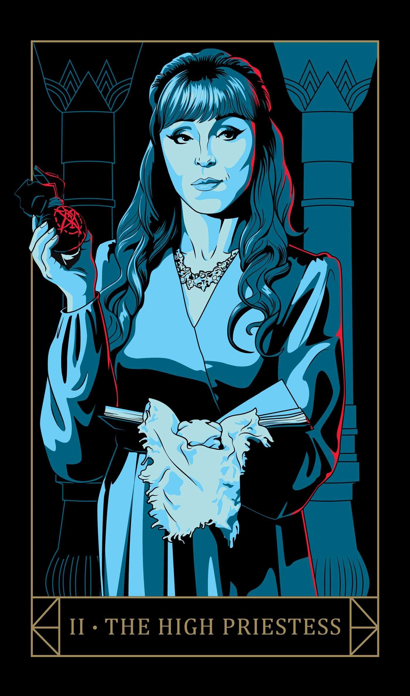 Illustration of 'The High Priestess' from a tarot card, featuring a woman holding a crystal ball and a piece of bread.