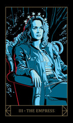 Tarot card featuring 'The Empress' with a stylized illustration of a woman sitting on a throne.
