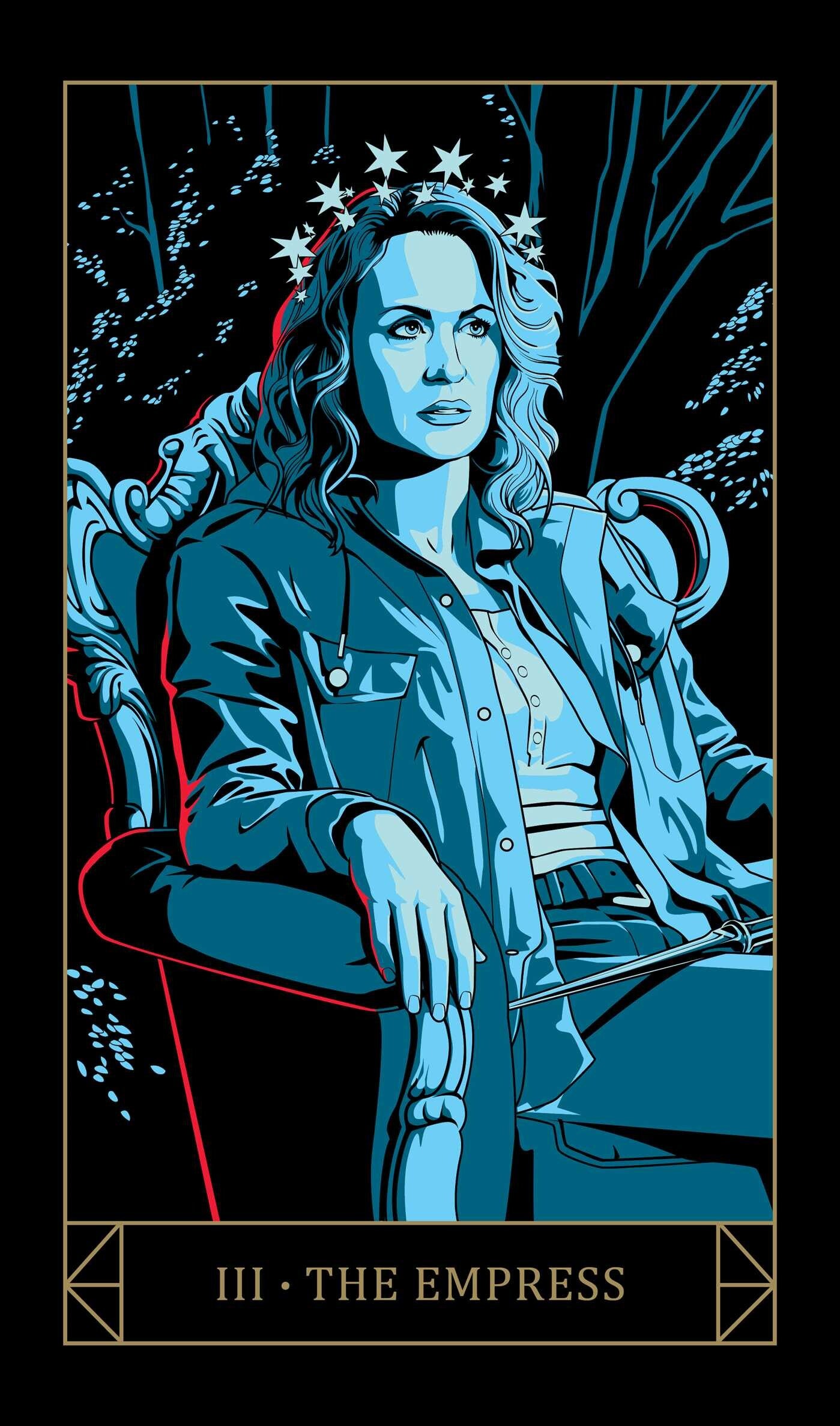 Tarot card featuring 'The Empress' with a stylized illustration of a woman sitting on a throne.