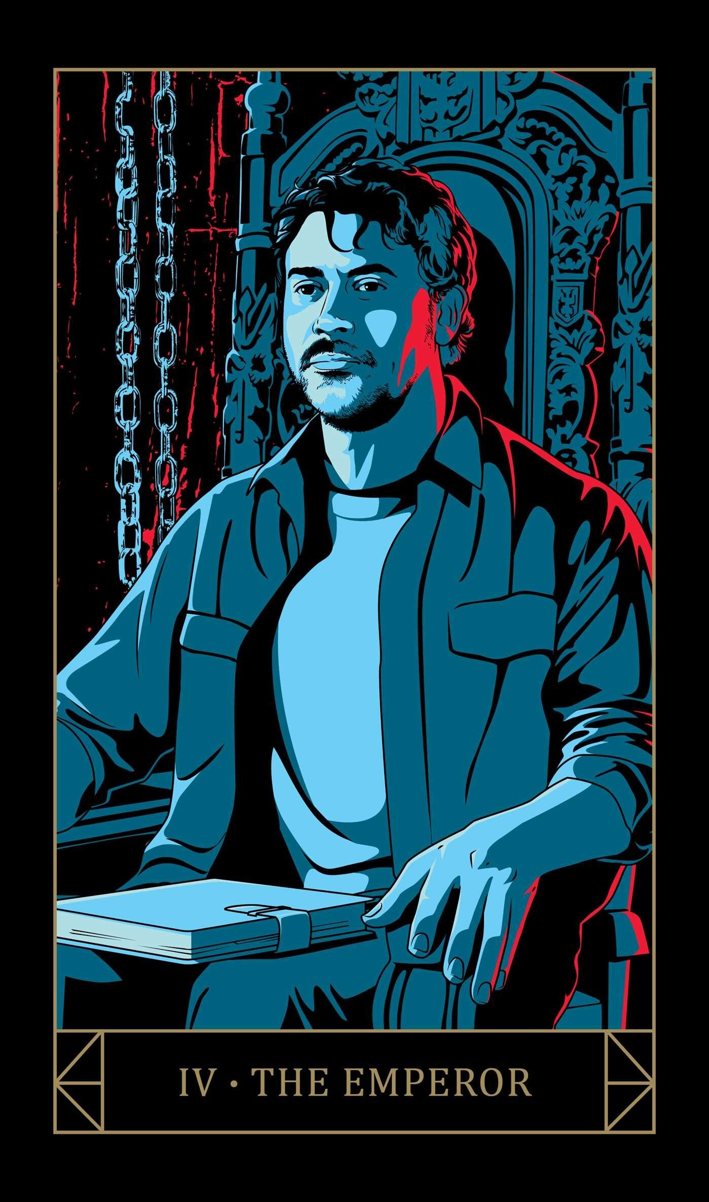 Illustration of 'The Emperor' tarot card with a person sitting on a throne.