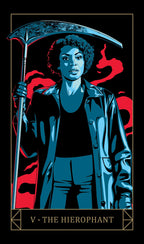 Illustration of a person holding a scythe with red flames, labeled 'The Hierophant', on a black background.