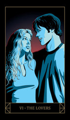 Illustration of 'The Lovers' tarot card with a couple facing each other.