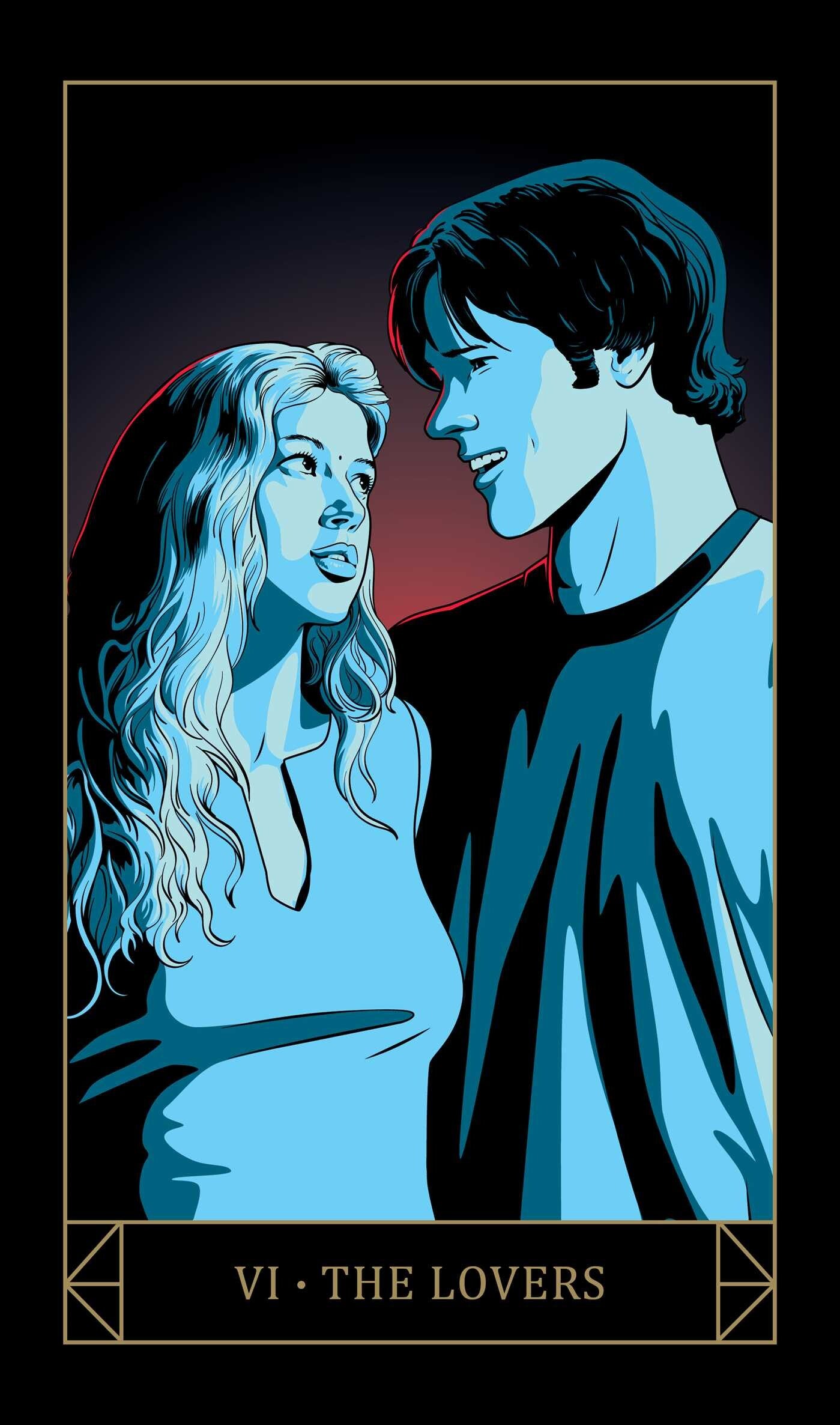 Illustration of 'The Lovers' tarot card with a couple facing each other.