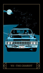 Vintage car under a moonlit sky with 'The Chariot' tarot card design.