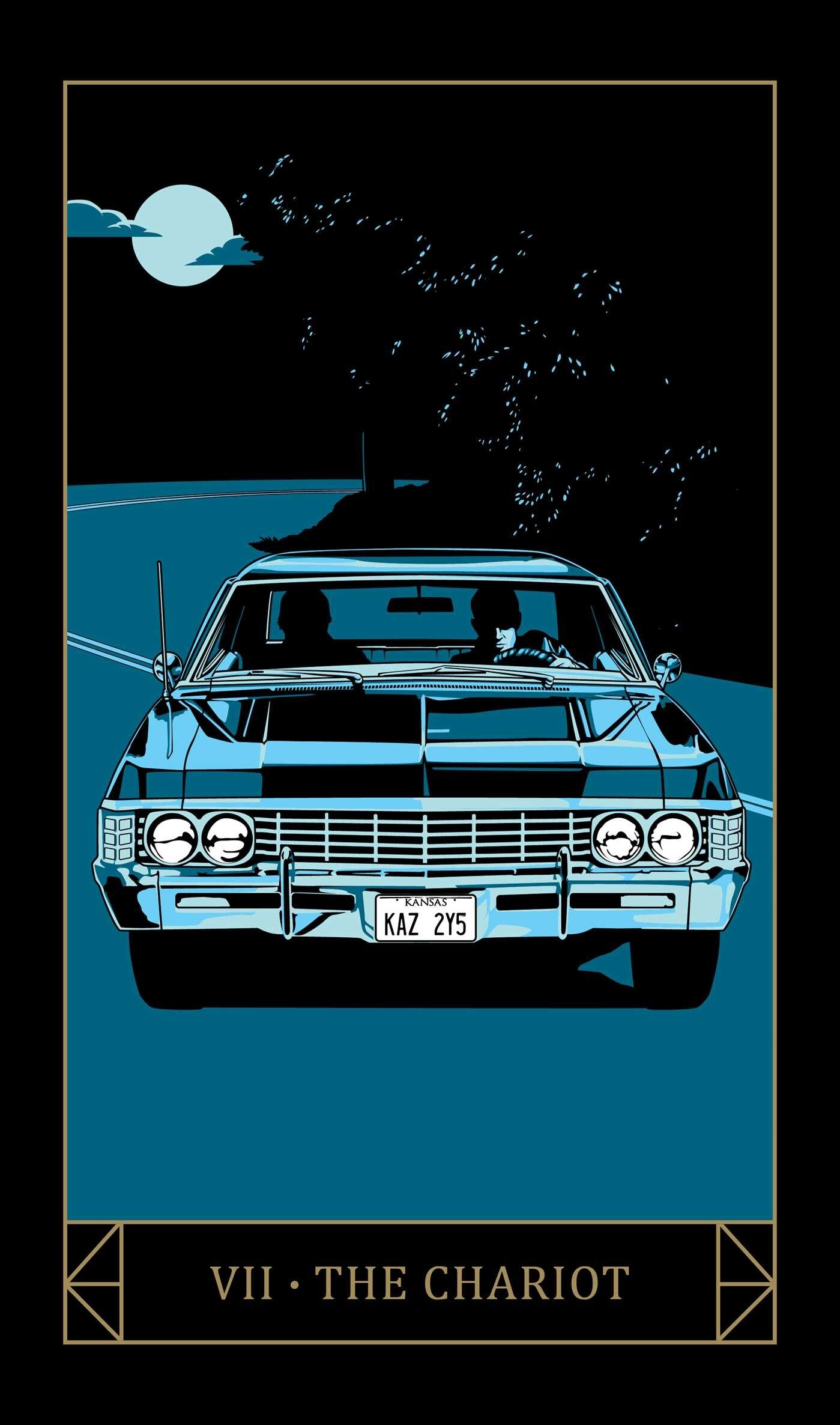 Vintage car under a moonlit sky with 'The Chariot' tarot card design.